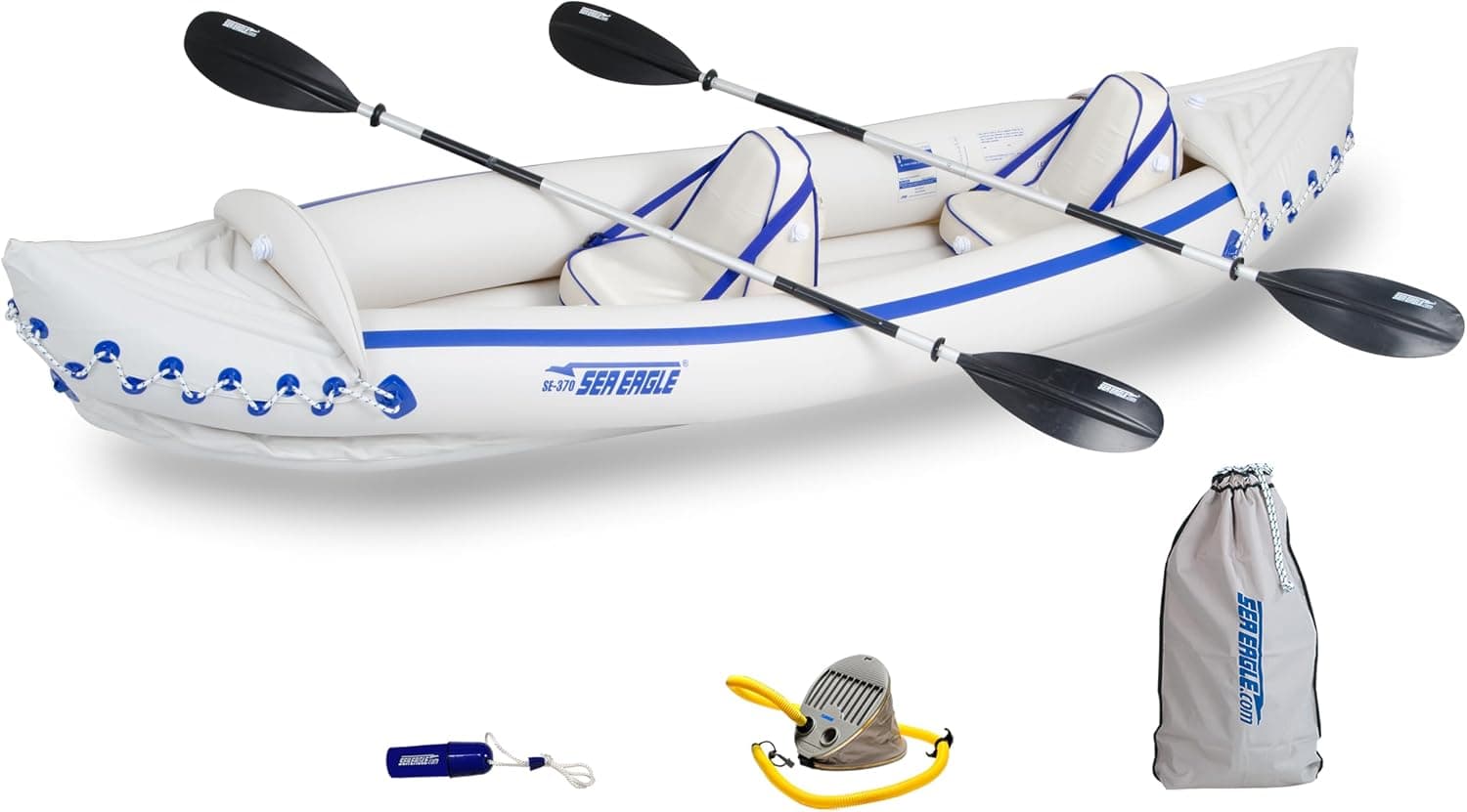 Sea Eagle 370 Pro 3 Person Inflatable Sport Kayak with Pro Package - Paddles, Deluxe Seats, Pump and Carry Bag