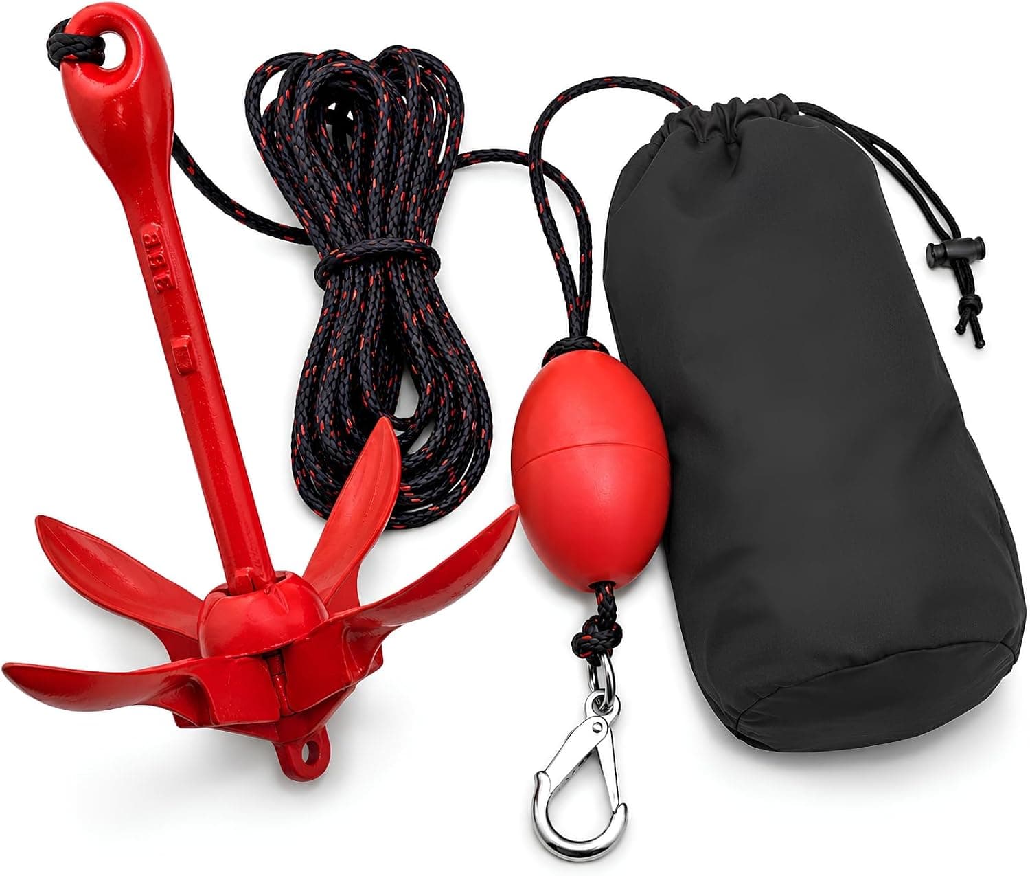 MarineNow 3.5 lb Grapnel Anchor Kit - Folding Anchor with 25 ft Marine-Grade Rope, Buoy, Snap Hook and Storage Bag