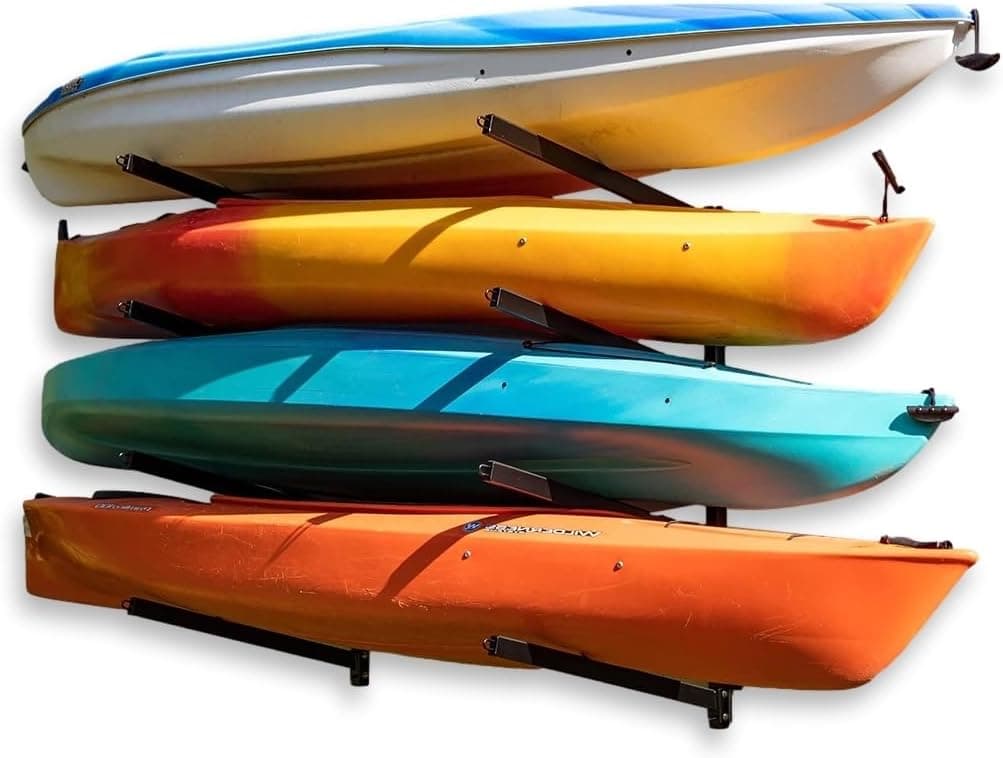 StoreYourBoard Kayak Storage Rack Wall Mount, Holds 4 Kayaks, Padded Arms, Stainless Hardware, Adjustable Levels