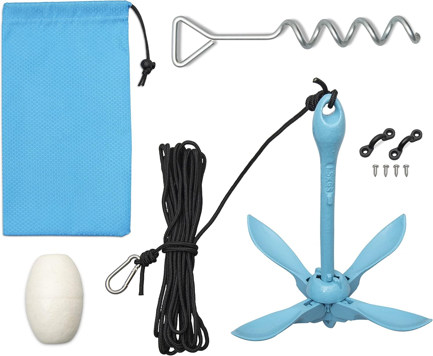 NU+ Folding Kayak Anchor Set - 3.5 lb 4-Fluke Grapnel Hook for Kayak, Canoe, Paddleboard, SUP with Spiral Ground Screw