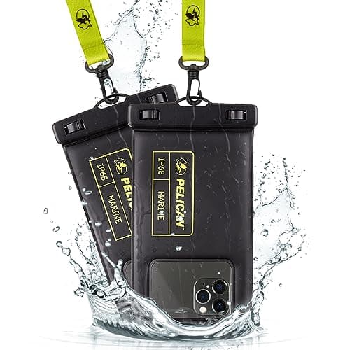Pelican 2 Pack Marine Waterproof Phone Pouch (Regular) -Black/Hi-Vis Yellow | Touchscreen IP68 Floating Waterproof Phone Case w/Detachable Lanyard - Fits All Phones - Beach Cruise Ship Travel Essentials