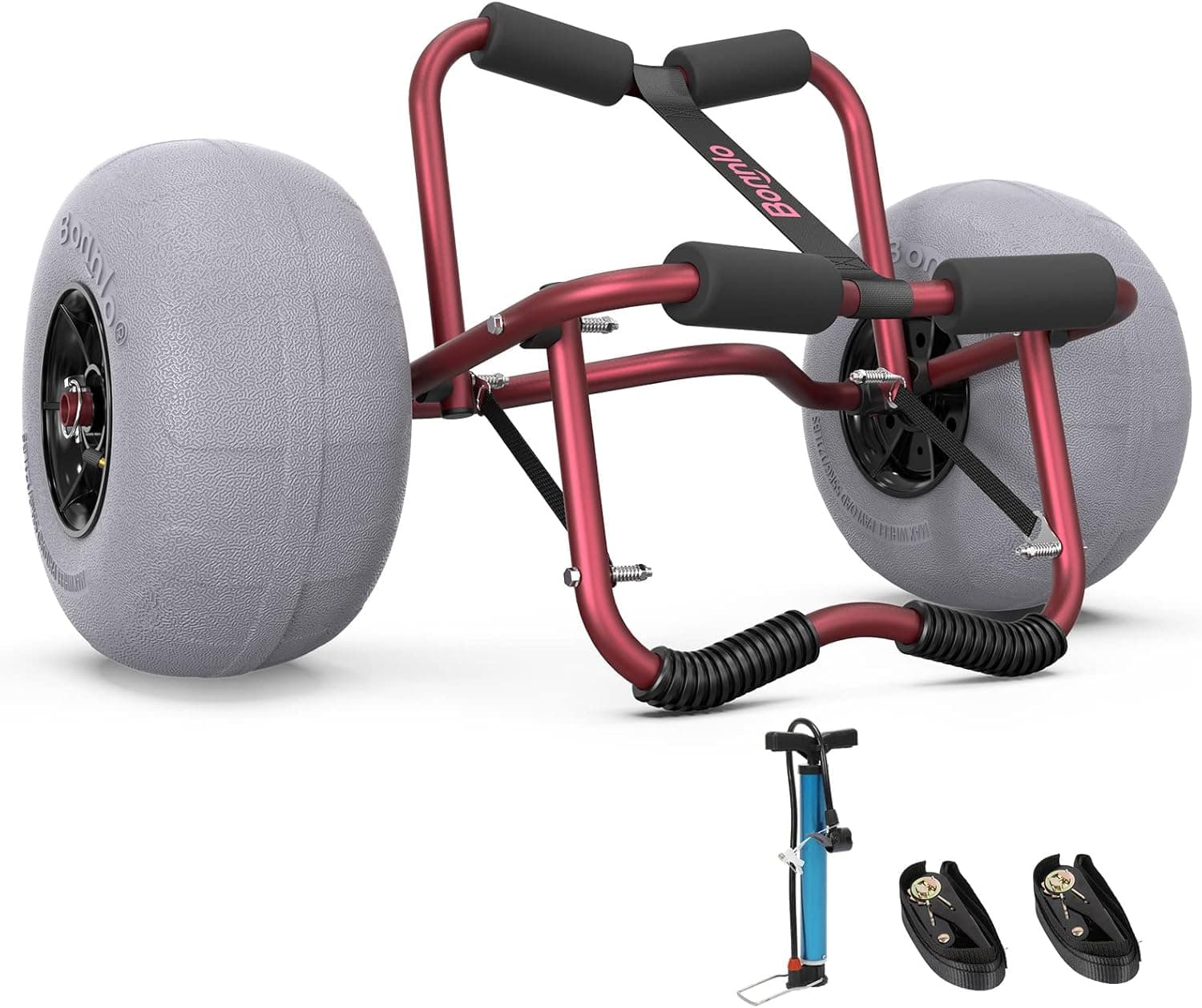 Bonnlo Kayak Cart Trolley, Canoe Paddle Board Boat Carrier Dolly with 12 inch Big Beach Balloon Wheels, Foldable, Free Pump and 2 Ratchet Straps, Red