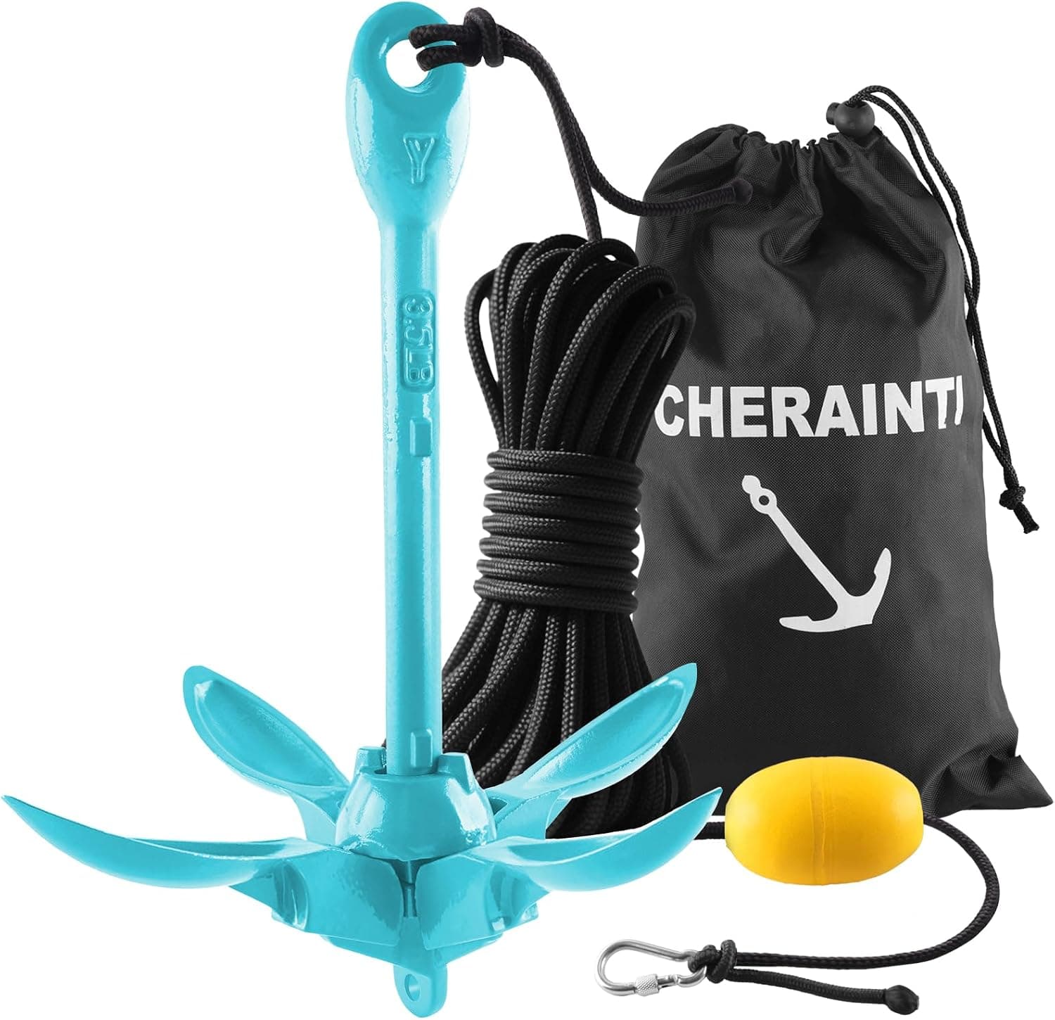 CHERAINTI Kayak Anchor, 3.5 Lb Folding Marine Grapnel Anchor Kit with 40ft Rope and Buoy for Kayaks Jet Ski SUP Paddle Boards PWC
