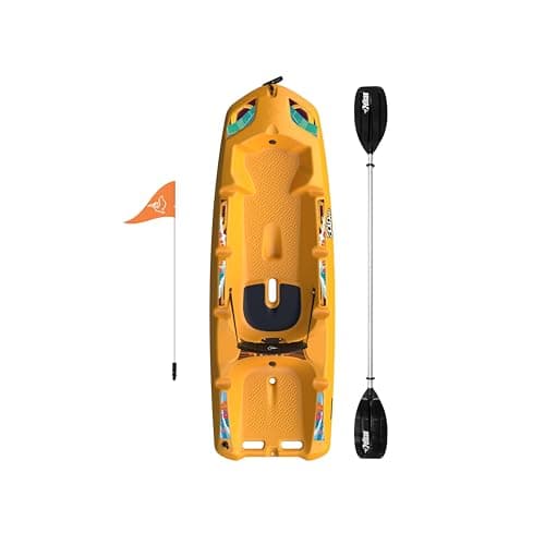 Pelican Solo EVO DLX - Kids Sit on top Kayak with Paddle and Decals - Mango - Twin Tunnel Hull with Swim up Deck - Lighweight & Durable - 6 ft