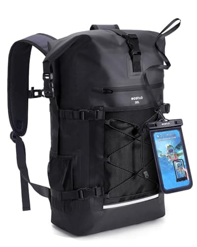 ECOHUB Waterproof Backpack, 30L Roll-Top Closure Heavy Duty Dry Bag(Black) | IPX8 Waterproof Phone Case,30L Big Capacity,Waterproof bag for kayaking