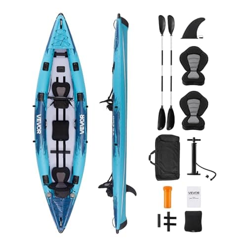 VEVOR 2-Person Inflatable Kayak, 14'4" x 3'7" - Extra Spacious for Family & Dogs, 700-lb Capacity Sit-in Kayak with Accessories, Includes 2 Paddles, Pump & Carry Bag - Perfect for Fishing and Touring