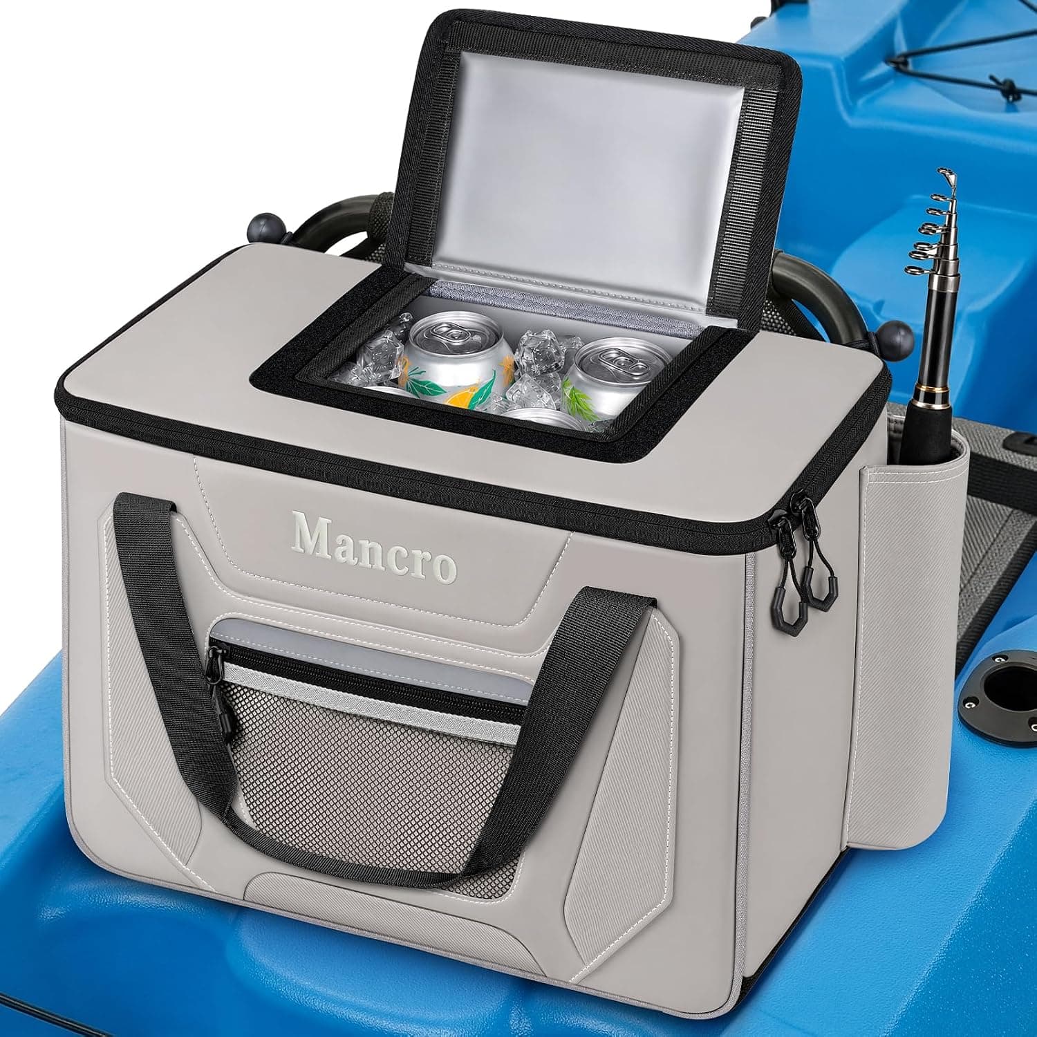 Mancro Kayak Cooler Behind Seat, 24 Cans Leakproof Cooler with Quick-Access Top Hatch and Rod Holder