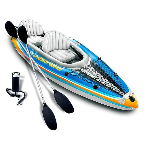 Sunlite Sports Inflatable Kayak 2 Person, Portable Inflatable Boat with Aluminum Oars, Lightweight Easy Setup Tandem Kayak with High Output Air Pump & Carry Bag for Lakes & Rivers, 400 LB