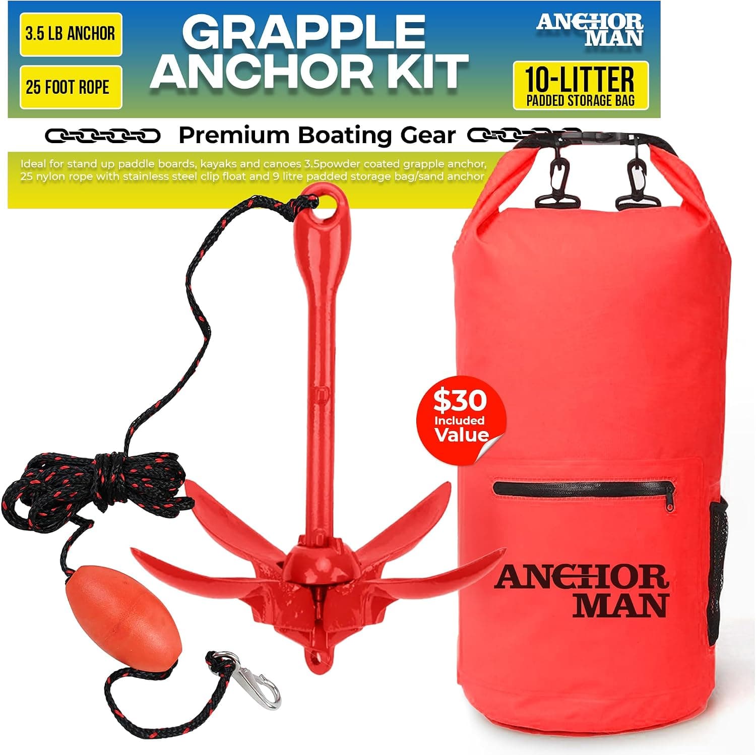 Anchor-Man 3.5 lb Folding Grapnel Anchor Kit - Kayak and Jet Ski Anchor with 25 ft Rope and 10 L Storage Bag